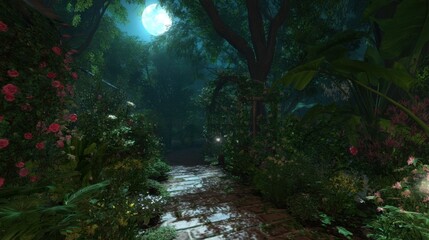 Obraz premium Enchanted Forest Pathway Under Moonlight Surrounded by Lush Greenery and Colorful Flowers at Nighttime