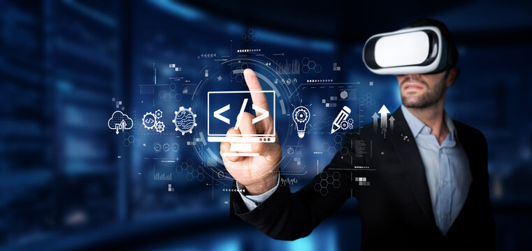 A developer in virtual reality gear interacts with coding and digital elements, representing cutting-edge technology and innovation in programming and software development. XDMCP