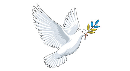 Fototapeta premium A beautiful white dove flies gracefully in the sky carrying a green olive branch with yellow leaves.