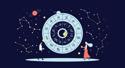 The intricate celestial wheel of astrology with two individuals contemplating its vast mysteries.