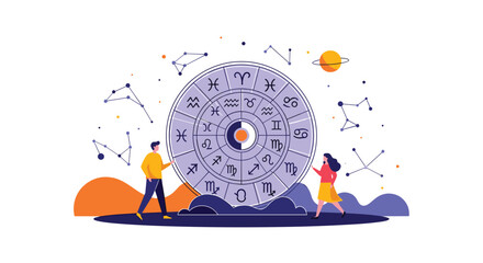 A celestial wheel displays zodiac symbols with two people observing the constellations and sun above.