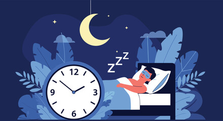 A person sleeping peacefully in bed at night with a clock showing the time and a crescent moon in the sky.
