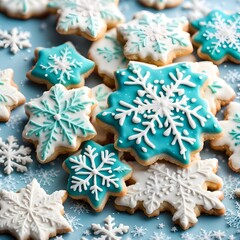 Festive Mexican Wedding Cookies shaped as Snowflakes with Green Frosting
