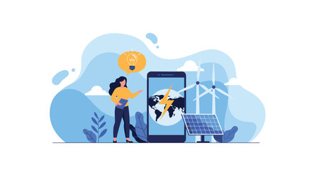 Illustration of smart energy management and renewable energy sources for a sustainable future.