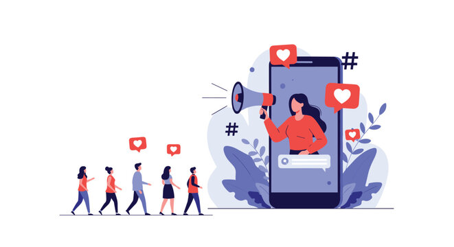 Social media influencer marketing concept showing a woman with a megaphone on a smartphone screen leading a group of followers.
