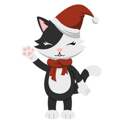 Festive feline joy cute Christmas cat waving hello in Santa hat spreading holiday cheer for greetings cards and seasonal projects