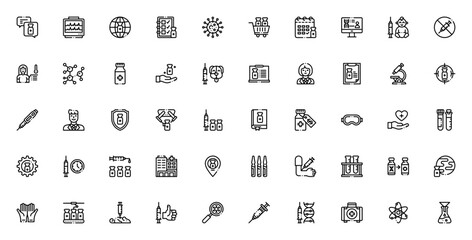 Vaccine Development icon set. Medical vector illustrtion. Featuring syringe, vrus, molecule, doctor, shild, laboratory, healthcareand more.