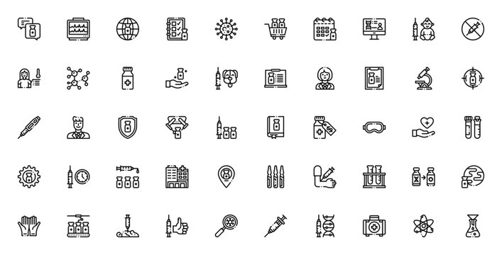 Vaccine Development icon set. Medical vector illustrtion. Featuring syringe, vrus, molecule, doctor, shild, laboratory, healthcareand more.