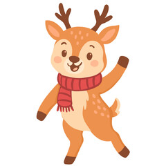 Adorable cartoon reindeer waving hello with a festive scarf, perfect for holiday greetings and cheerful seasonal designs this Christmas