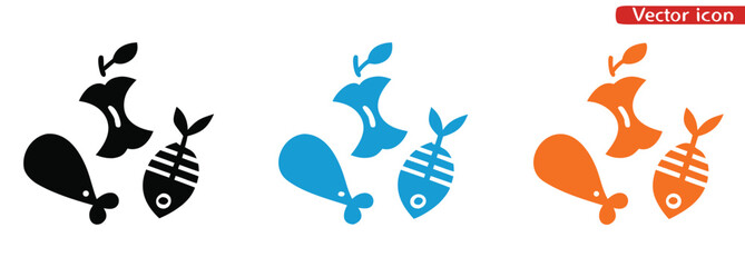 Discarded food waste icons showing apple core, fish bone, and chicken leg,Food waste vector icon illustration.
