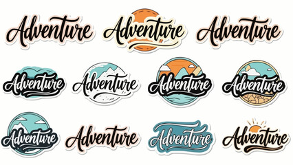 Adventure lettering set with various designs and styles for outdoor activities and travel.