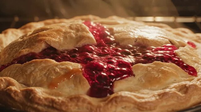Homemade Berry Pie Baking in Oven Crust Bubbly Red Filling Close Up