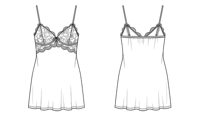 Lace lingerie slip dress fashion technical drawing front and back views