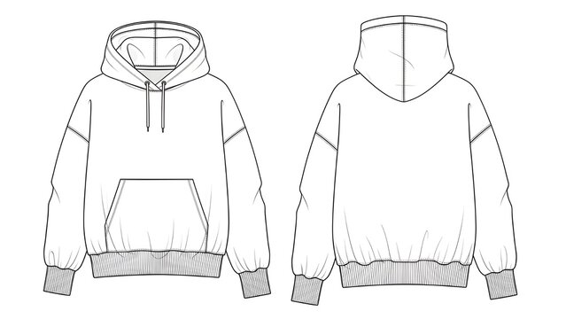 Technical sketch of an oversized hoodie front and back view vector illustration