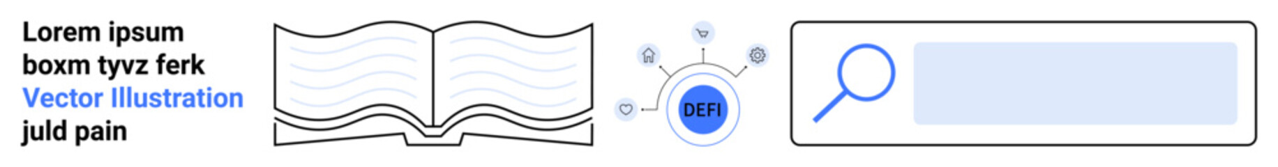 Obraz premium Digital marketing, search engine optimization, data analysis, education, online research, information access. Open book, SEO icon and search bar graphic. SEO optimization and digital marketing