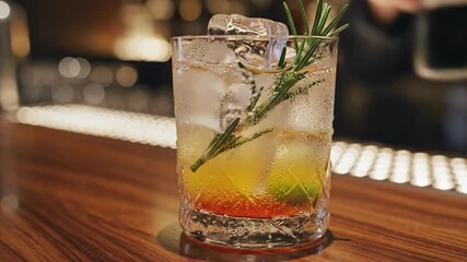 Refreshing artisanal cocktail featuring fresh rosemary and zesty citrus slices, served in a stylish glass on a warm wooden bar counter, ideal for a relaxing evening
