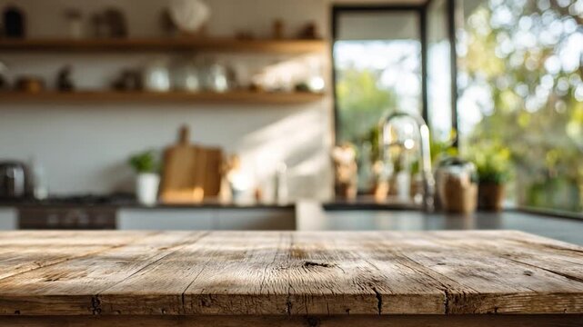 Kitchen Counter: A rustic wooden kitchen counter, artfully blurred in the background, offering a natural and inviting texture that perfectly complements the soft.