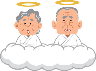 天国で不安そうな表情をするおじいちゃんとおばあちゃん
