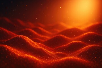 Abstract glowing particles and waves background with warm orange light