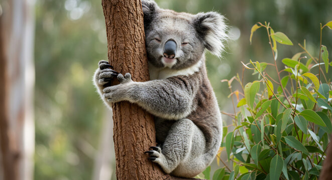 Sleepy koala gently rests eyes hugging a sturdy eucalyptus tree trunk in soft natural daylight. AI Generated