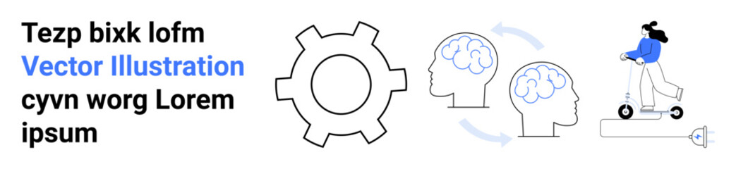Gear represents process, brain highlights creativity, woman on scooter signifies progress. Ideal for technology, innovation, workflow, lifestyle, creativity, teamwork simple landing page