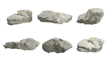 Vector of collection of six realistic gray stone rock object cutouts isolated on transparent background