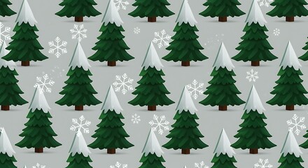 Seamless Pattern of Snow-Covered Christmas Trees and Snowflakes on a Light Background.