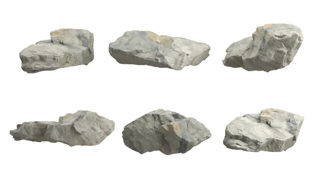 Vector of collection of six realistic gray stone rock object cutouts isolated on transparent background