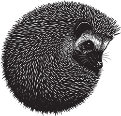 Black and white detailed illustration of a hedgehog, curled up displaying prominent quills, in a stylized vector art.