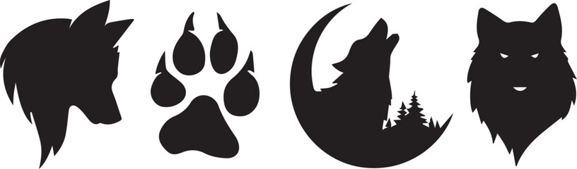 Powerful wild wolf head, howling moon, and paw print silhouette vector icon set. isolated PNG with Transparent Background © Nasira's studio