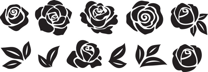 Simple vector set of black rose flower silhouettes and leaves for graphic design isolated PNG with Transparent Background