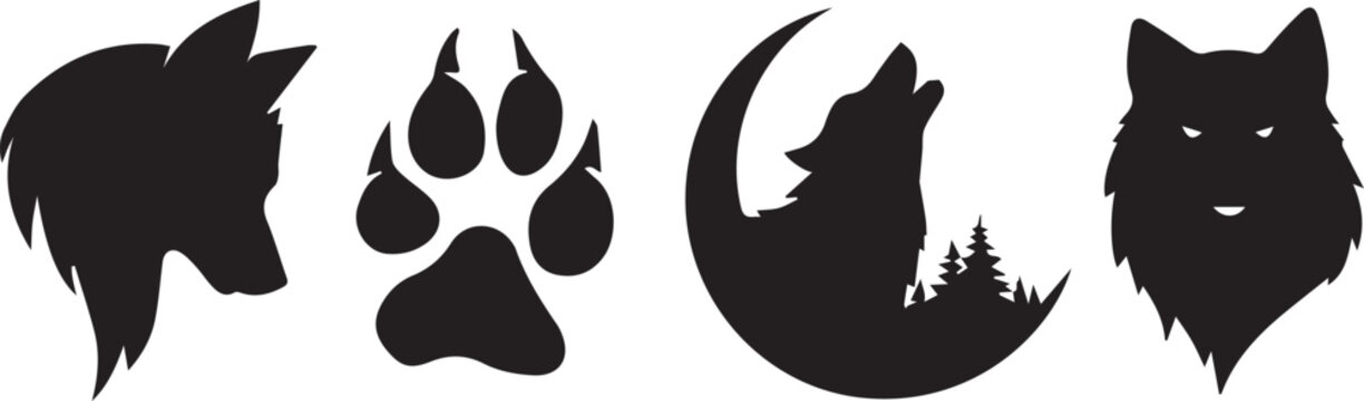 Powerful wild wolf head, howling moon, and paw print silhouette vector icon set. isolated PNG with Transparent Background