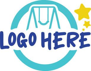 Playful childcare logo template with swing set icon and stars graphic design isolated PNG with Transparent Background