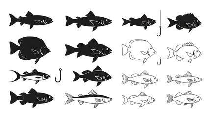 Collection of fish silhouettes and outlines for fishing or seafood themes