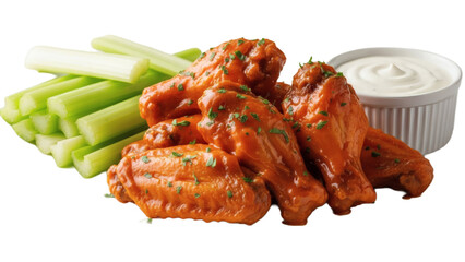 Buffalo chicken wings with celery sticks and ranch dip isolated on transparent background