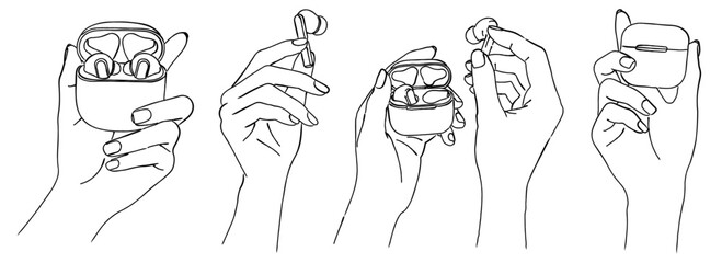 ワイヤレスイヤホンと充電ケースを持つ手のイラストセット,Bluetooth,オーディオ,ガジェット,音楽,シンプル,ベクター,線画
