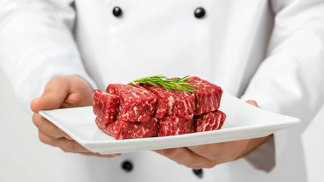 Chef presents high-quality marbled beef cubes on a white plate with rosemary garnish in a bright kitchen setting
