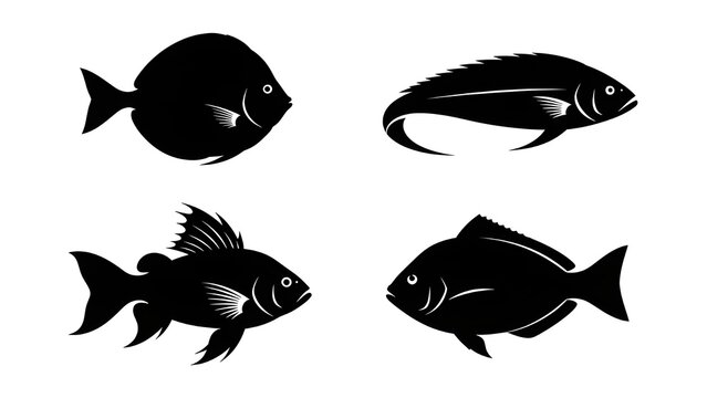 Four fish silhouettes in a graphic black and white illustration