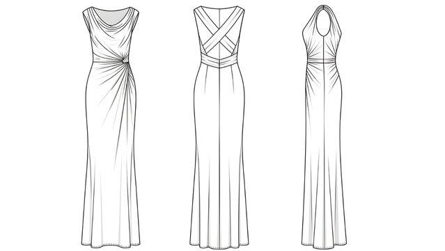 Elegant long dress fashion design sketch front and back views
