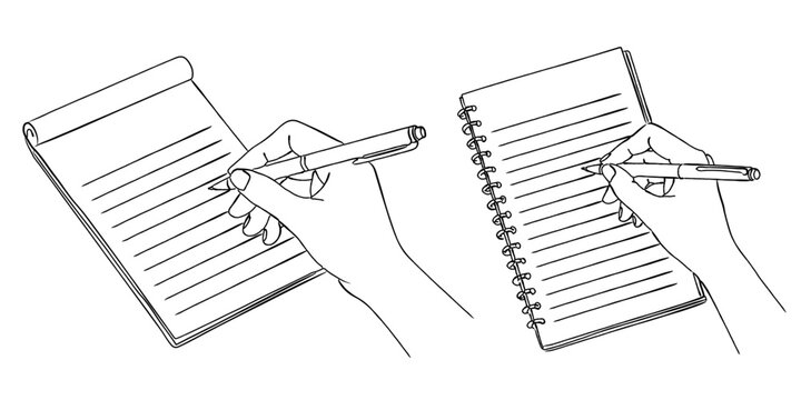 ペンでメモ帳・ノートに書き込む手のイラストセット,勉強,ビジネス,筆記,記録,文房具,シンプル,ベクター,線画