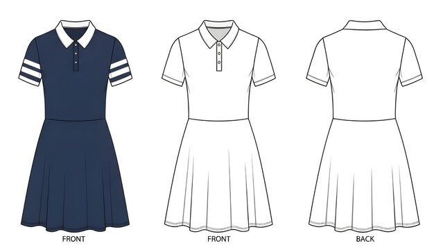 Technical drawing of a polo dress with a skirt and short sleeves
