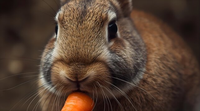 Bunny's Delight: A close-up shot captures an adorable bunny munching on a vibrant orange carrot, its whiskers twitching with pleasure.