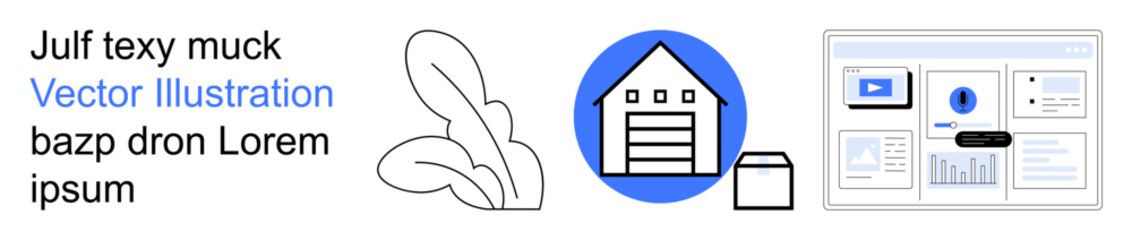 Logistics, e-commerce workflow, warehouse management, online business, data visualization, digital operations. A warehouse icon and analytics screen. E-commerce workflow and warehouse management