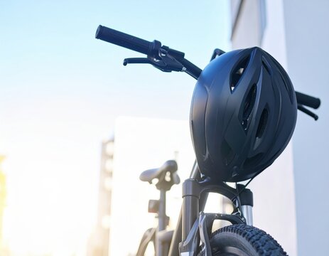 Black bicycle with helmet outdoors against clear sky