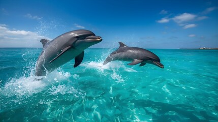 Fototapeta premium Dolphin Duo in the Ocean: Two graceful dolphins leap from the turquoise ocean under a bright, cloud-dotted sky, capturing the wonder of marine life and the beauty of the sea.