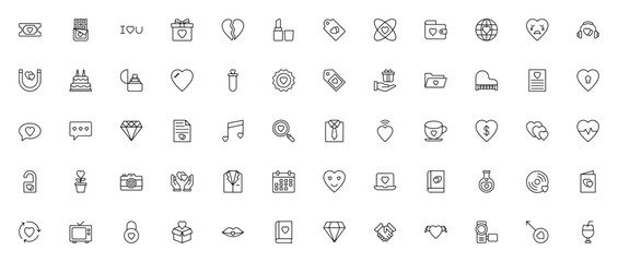 Love and Romance icon set. Valentine's Day vector colection. Featuring symbolsfor heart, gift box, love etter, ring, chocolate, kis, music, diamond and more Editable stroke.