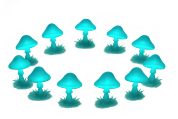 Glowing bioluminescent mushrooms forming a magical fairy ring on transparent background, fantasy concept