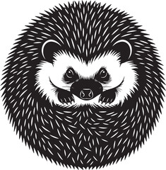Black and white stylized illustration of a cute hedgehog peeking out, curled up with prominent spikes and a friendly expression.