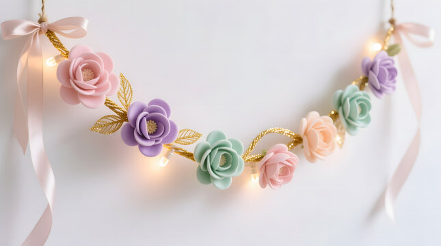 Soft pastel festival garland border with subtle lights and glows, set against a clean white backdrop.