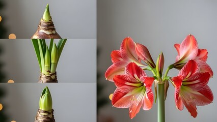 Growth stages of a red and white Amaryllis flower from bulb to full bloom showing the lifecycle of the plant